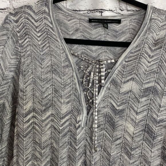 WHBM Long Tunic V-Neck Dressy Sweater‎ Flare Sleeve Metallic Silver Grey M - Picture 3 of 14